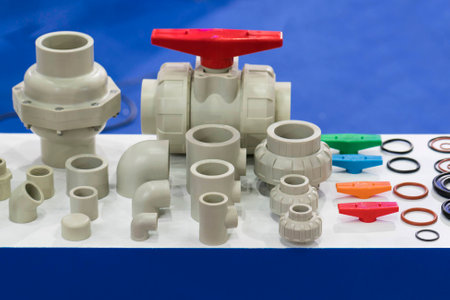 industrial pipe and valve for water, liquid, oil, air, pneumatic, hydraulic pipe line machine. control valve by PLC and computer. Automatic production line componentの写真素材