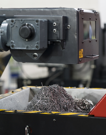 Aluminum and steel CNC cutting chip or scrap. Recycle waste process of automotive manufacturing industrial. reuse by melting and casting to ingot or slab.の写真素材