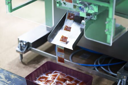 Automatic packing machine with plastic bag and paper box, high speed packing machine for food product industrial, high technology manufacturing processの写真素材