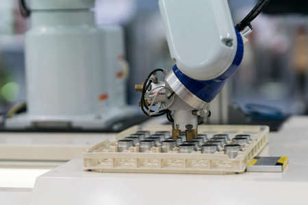 Robot arm auto load and unload CNC turning part by M cod G code and teaching mode, automatic programable robot arm for modern industrial.の写真素材