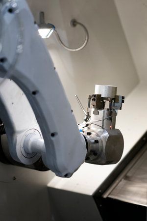 High-tech manufacturing process with robot programming arm in automation systemの写真素材