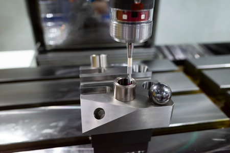 Operator machining automotive part by cnc turning machine, Inspection high precision machining part by CMM machineの写真素材