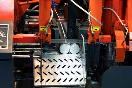 band saw cutting tool steel bar by automatic feedの写真素材