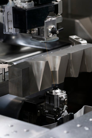 CNC wire cut machine cutting high precision mold parts, cutting metal by electric discharge, high technology wirecut machine for precision manufacturingの写真素材