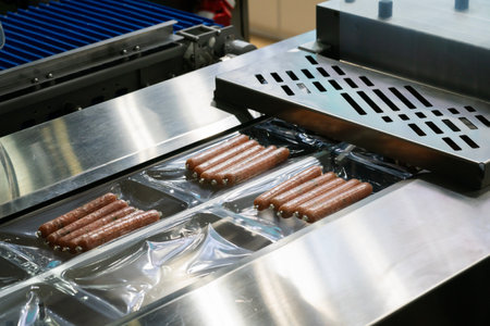 Automatic packing machine with plastic bag and paper box, high speed packing machine for food product industrial, high technology manufacturing process sausageの写真素材