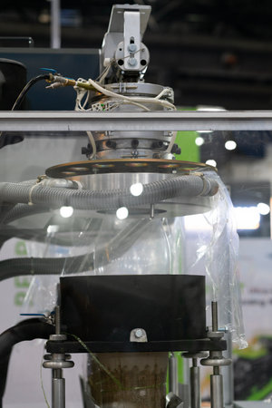 Automatic packing machine with plastic bag and paper box, high speed packing machine for food product industrial, high technology manufacturing processの写真素材