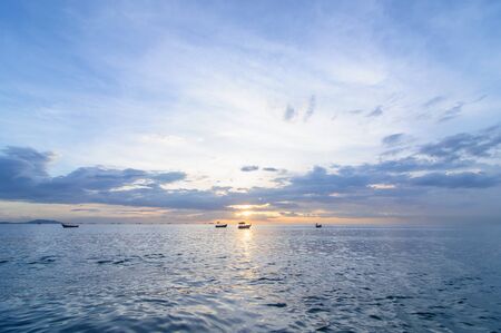 Sunset beach, Bang Phra there are boats on the sceneの写真素材