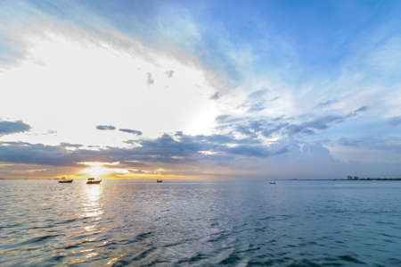 Sunset beach, Bang Phra there are boats on the sceneの写真素材