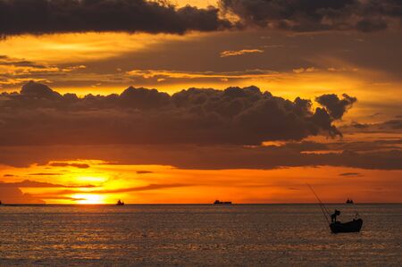Sunset beach, Bang Phra there are boats on the sceneの写真素材