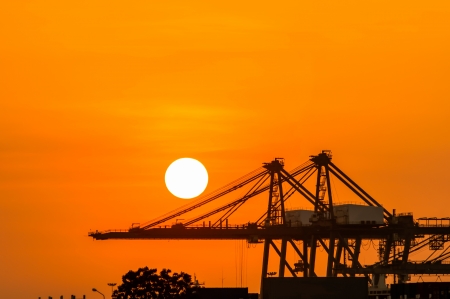 Crane in the industrial port on sunset backgroundの写真素材