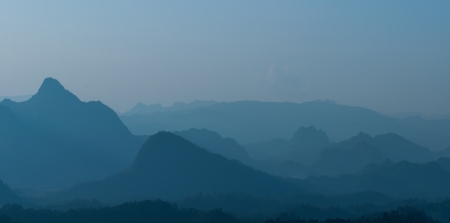 Layer mountains north at sunrise of thailandの写真素材