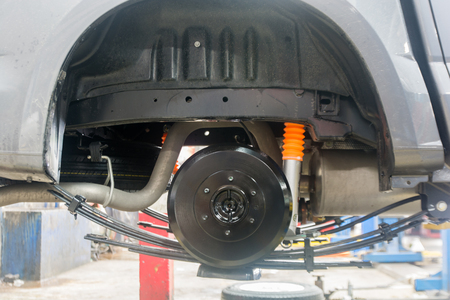 Back brake on car in process In the garageの写真素材