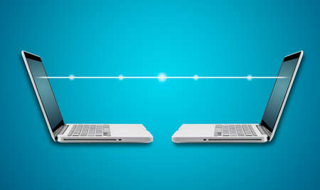 Computer laptop with light digital on blue backgroundの写真素材