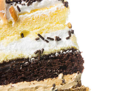 Chocolate cake texture isolated on over white backgroundの写真素材