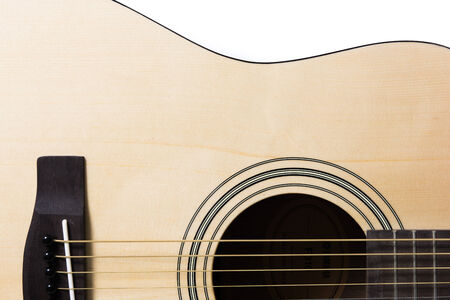 Detail closeup of wooden classic guitar on over white background