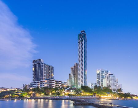 Hotel on beach and Sea Twilight at Pattaya City of Thailandの写真素材