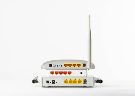 Wireless modem router network hub on white backgroundの写真素材