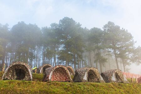 The winter fog and the tent Doi Ang Khang of Thailandの写真素材