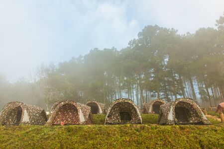 The winter fog and the tent Doi Ang Khang of Thailandの写真素材