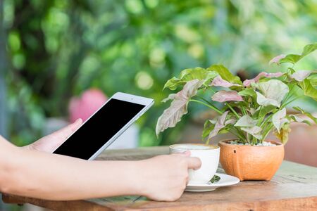 Close up of hands woman using tablet in cafeの写真素材