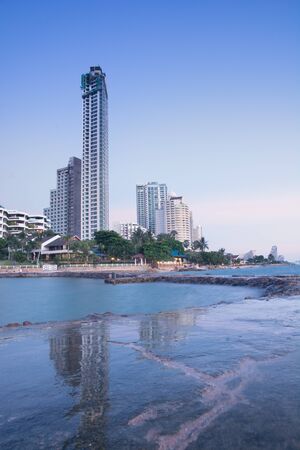 Hotel on beach and Sea Twilight at Pattaya City of Thailandの写真素材