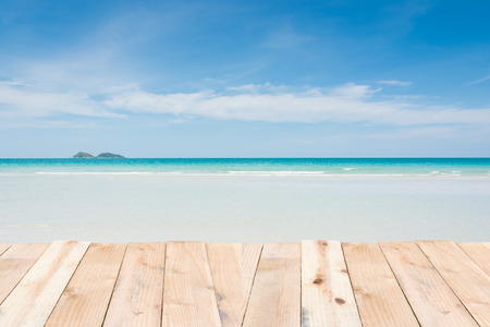 Beauty holiday wood terrace on beach blue skyの写真素材