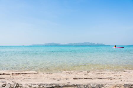 Beach Scene With Wooden Floor background can put or montage your productsの写真素材