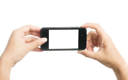 Woman hand holding black smart phone with blank screen, isolated on over white background