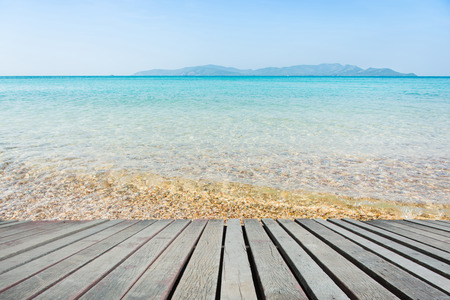 Beach Scene With Wooden Floor background can put or montage your productsの写真素材