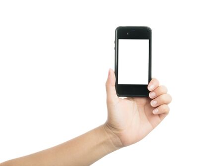 Woman hand holding black smart phone with blank screen, isolated on over white backgroundの写真素材