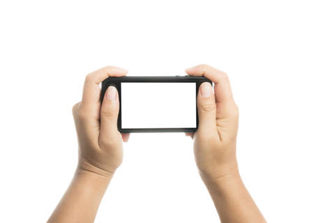Woman hand holding black smart phone with blank screen, isolated on over white backgroundの写真素材