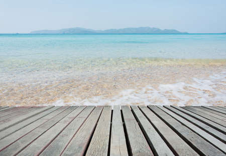 Beach Scene With Wooden Floor background can put or montage your productsの写真素材