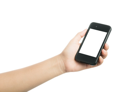 Woman hand holding black smart phone with blank screen, isolated on over white backgroundの写真素材