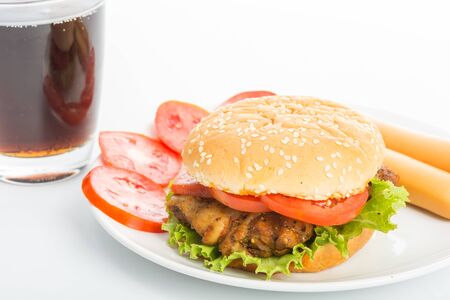 Classic Big hamburger on dish isolate on over white backgroundの写真素材