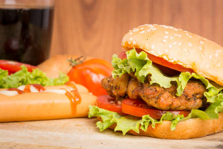 Classic Big hamburger on a wooden backgroundの写真素材