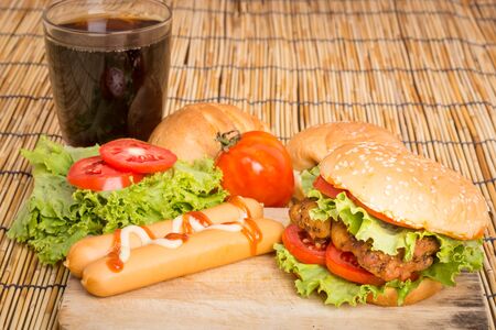 Classic Big hamburger on a wooden backgroundの写真素材