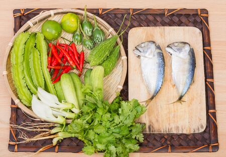 Mackerel and fresh vegetables ingredients for cooking Steamed mackerel chili pasteの写真素材