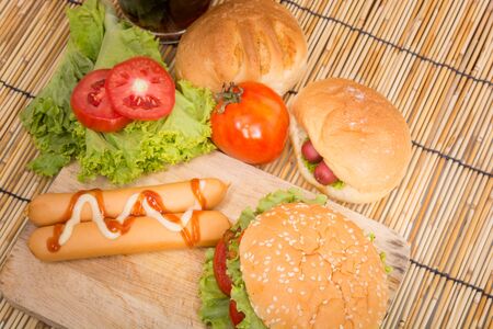 Classic Big hamburger on a wooden backgroundの写真素材