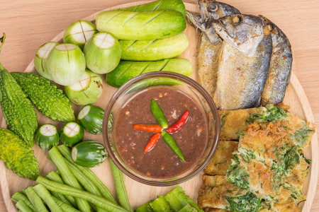 Chili paste and egg with fried mackerel, vegetable Thai foodの写真素材