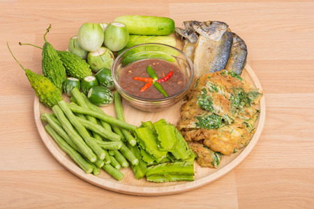Chili paste and egg with fried mackerel, vegetable Thai foodの写真素材