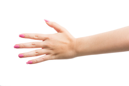 Woman Hands gestures on over white backgroundの写真素材