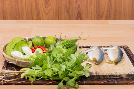 Mackerel and fresh vegetables ingredients for cooking Steamed mackerel chili pasteの写真素材