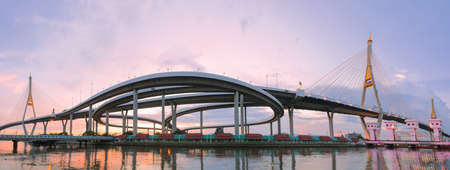 Landscape sunset of Bhumibol Bridge, Industrial Ring Road Bridge Panorama of Thailandの写真素材