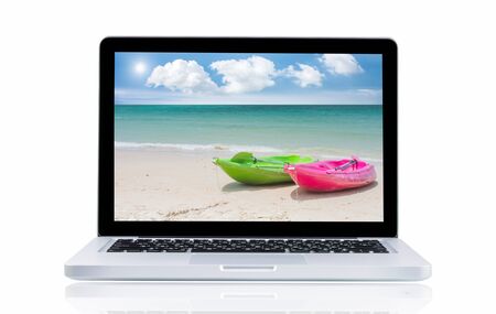Laptop with landscape present monitor on over white backgroundの写真素材