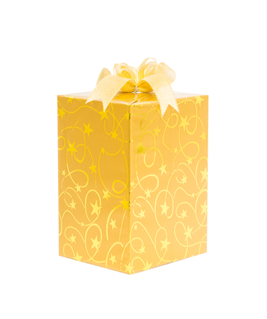 Gold gift box with bow isolate on over white backgroundの写真素材