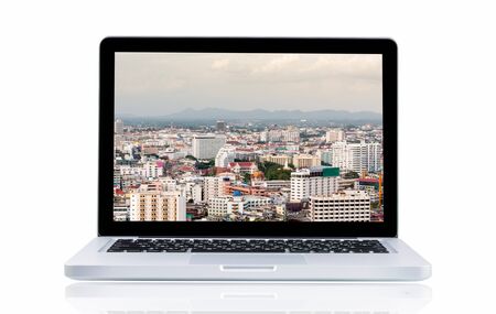 Laptop with landscape present monitor on over white backgroundの写真素材