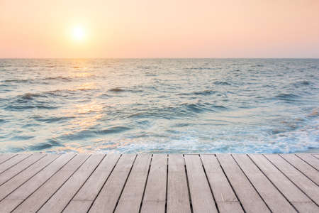 Beach Scene With Wooden Floor background can put or montage your productsの写真素材
