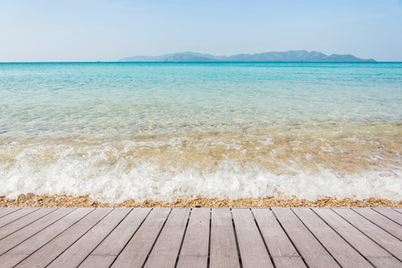 Beach Scene With Wooden Floor background can put or montage your productsの写真素材