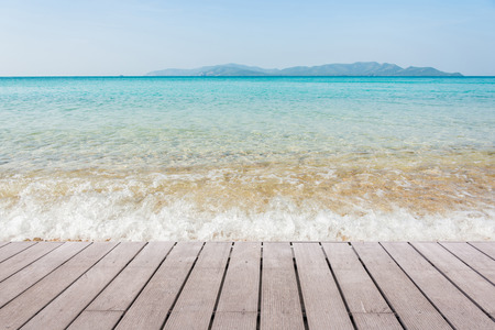Beach Scene With Wooden Floor background can put or montage your productsの写真素材