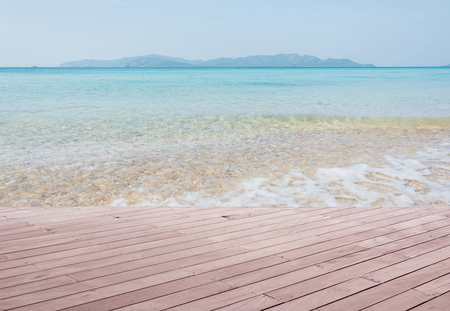 Beach Scene With Wooden Floor background can put or montage your productsの写真素材